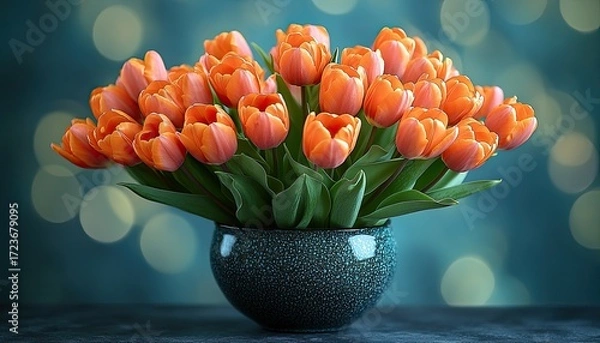 Fototapeta A vase of vibrant orange tulips sits against a blue, bokeh-filled background. Ideal for spring themes, greetings, or celebrating special occasions.