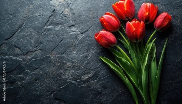 Fototapeta Five vibrant red tulips with dew drops lay on dark, textured stone. Use this as a backdrop, banner, greeting card, or for special occasions.