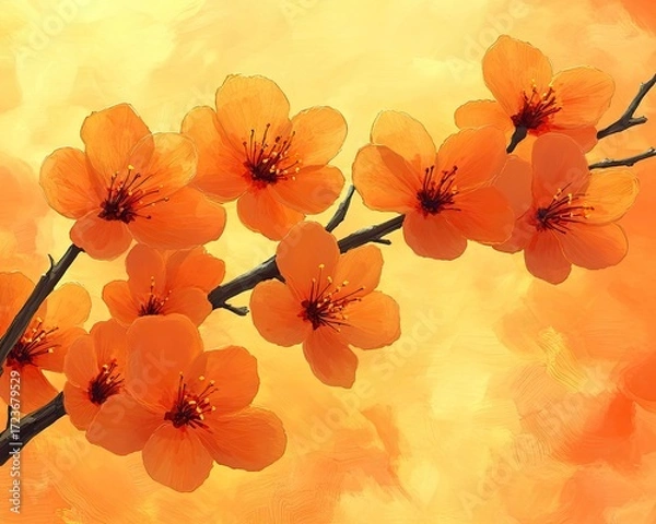 Fototapeta Orange blossoms on a branch with a yellow painted background. Use it for spring greeting cards or web design.