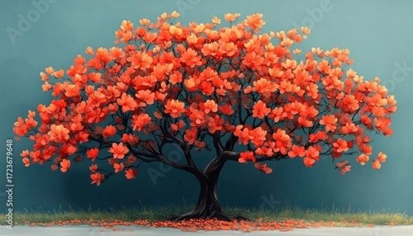 Fototapeta A tree full of red flowers against a beautiful teal color gradient backdrop. This image can be used for background and graphic design purposes.