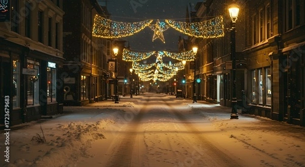 Fototapeta An evening scene in a city street, the shops are decorated with festive lights, and snow covers the road. The lamp posts illuminate the road with warm and inviting light