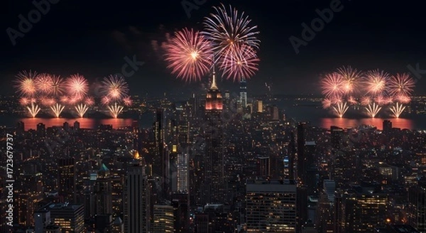 Fototapeta A mesmerizing aerial view of a city skyline illuminated by vibrant fireworks