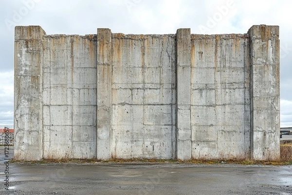 Fototapeta The concrete wall shows weathered patterns and aging textures on its surface. Use it to portray themes of decay, industrial strength, or urban backdrops.