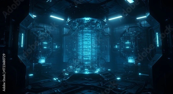 Fototapeta An interior of a high-tech machine room, filled with glowing blue lights