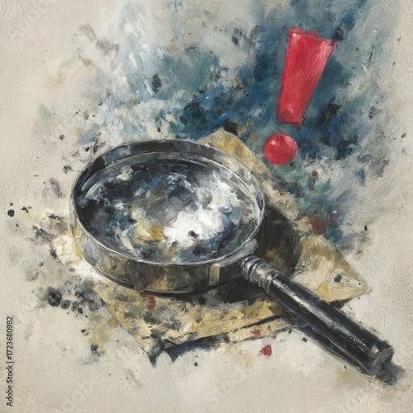 Fototapeta Antique magnifying glass on aged paper, with a red exclamation mark