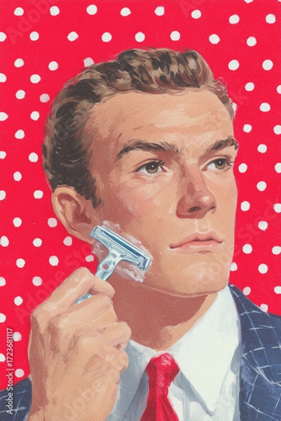Fototapeta Confident man razor shaving red polka dots vintage grooming
