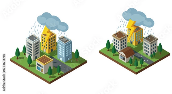 Fototapeta Isometric cityscape with thunderstorm and lightning strikes over urban buildings