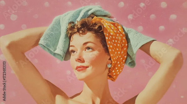 Fototapeta Playful woman colorful towel pink turquoise vintage french bath