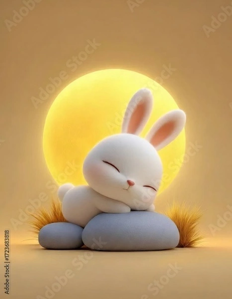 Obraz 灰色岩の上の眠る白いウサギと黄色の満月