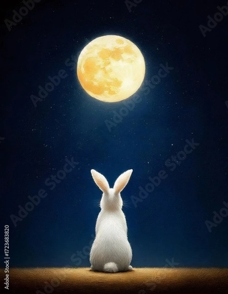 Fototapeta ウサギが満月を見上げる紺碧の星空の背景