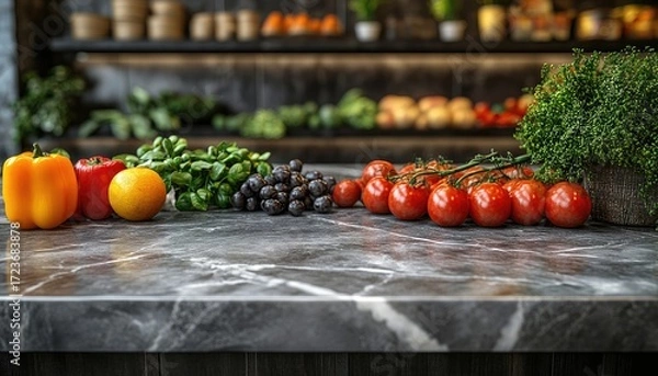 Fototapeta Fruits and vegetables are on marble table with blurred background. It represents healthy food, vegetarianism, and making cooking related designs.