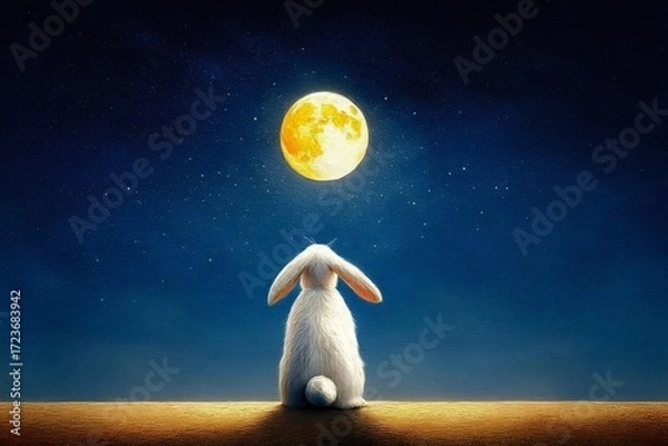 Obraz 満月を見つめる白ウサギの後ろ姿