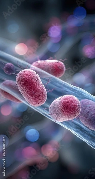Obraz Close-up of microscopic bacteria within translucent strands.  Pinkish-purple bacteria cells are clustered within and around clear, almost glassy strands. 