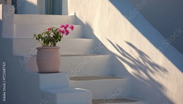 Obraz Pink flowers in terracotta pot on white steps. Sunlight casts shadows