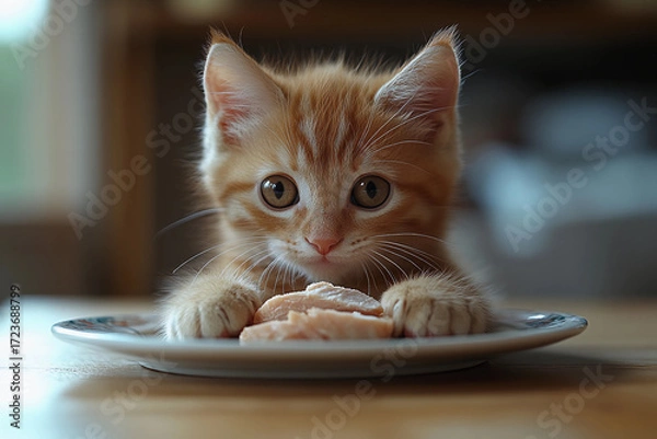Fototapeta Adorable ginger tabby kitten sitting at a tiny dining table eating sliced chicken from a delicate porcelain plate, cute and charming
