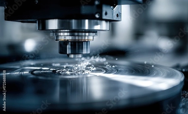 Fototapeta Close-up of industrial machining process.  Metal disc being machined by a precision tool.  Splashes of coolant visible.  Dark, technical environment