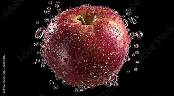 Obraz Red Apple In Splash Of Water Bubbles On Black Background