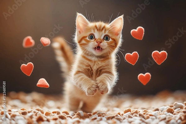 Fototapeta Adorable terrified kitten flailing in mid-air surrounded by floating hearts in a playful, whimsical, and cute scene