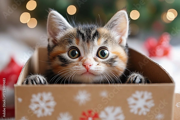 Fototapeta Adorable playful kitten peeking out of a colorful gift box, joyful expression, squinted eyes, tiny laugh, cute surprise moment