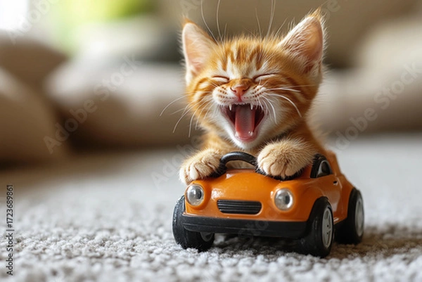Fototapeta Adorable kitten sitting in a colorful toy car laughing joyfully while pretending to drive, capturing playful and cute moments