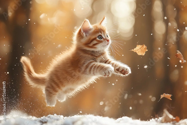 Fototapeta Adorable kitten tumbling down a grassy hill with fur flying wildly, captured in a playful, carefree, and chaotic fall