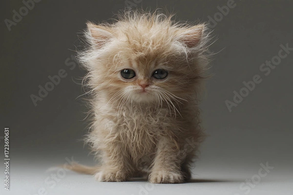 Fototapeta Fierce angry kitten standing on hind legs with wild untidy fur and puffy cheeks expressing intense attitude and emotion