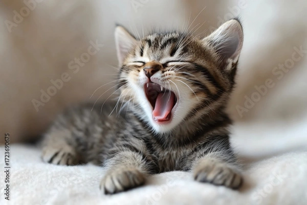 Fototapeta Adorable kitten yawning and stretching on its side, capturing a cute, playful, human-like morning stretch moment