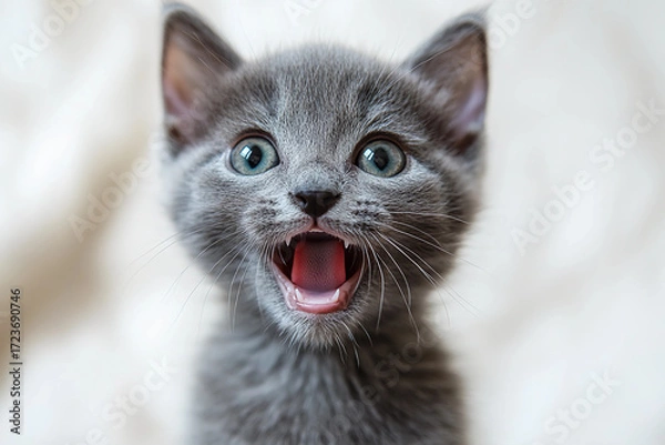Fototapeta Adorable light gray kitten reacting hilariously with squinted eyes to a funny noise, capturing a playful and cute moment