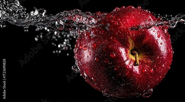 Fototapeta Red Apple In Splashing Water Against Black Background