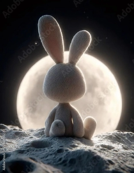 Obraz 月の背景に座っているふわふわのウサギのおもちゃ