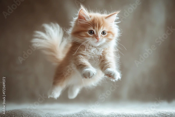Fototapeta Playful kitten jumping gracefully in mid-air with curled tail and elegant ballet-like pose, full of energy and charm