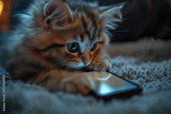 Fototapeta Curious playful kitten rolling eyes at its reflection in a smartphone screen, looking annoyed and mischievous, cute pet humor