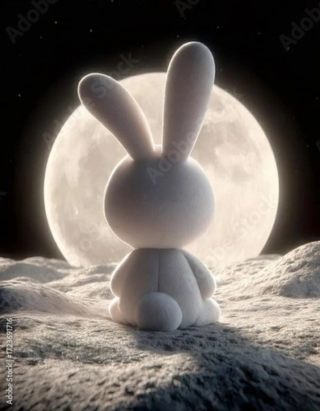Obraz 月の表面に座るふわふわの白いウサギのぬいぐるみ