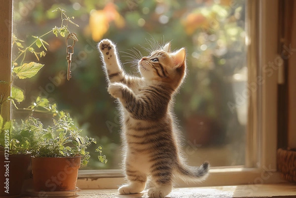Fototapeta Playful spotted tabby kitten standing upright reaching for dangling keys in a bright sunlit room with joyful energy and curiosity