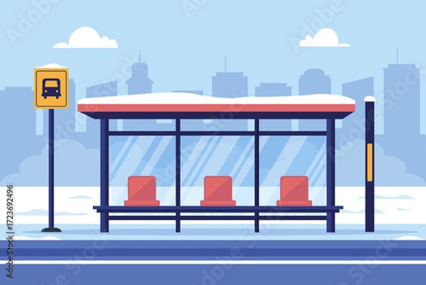 Fototapeta Empty bus stop in winter with snow. Bus stop public transport in flat style. Vector stock