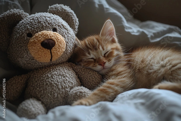 Fototapeta Adorable sleepy kitten cuddling a giant stuffed animal, cozy and peaceful nap scene, cute pet resting with soft plush toy