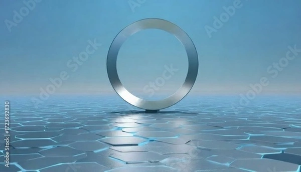 Obraz 銀色の円形が青い背景に浮かぶ抽象的な3Dレンダリング