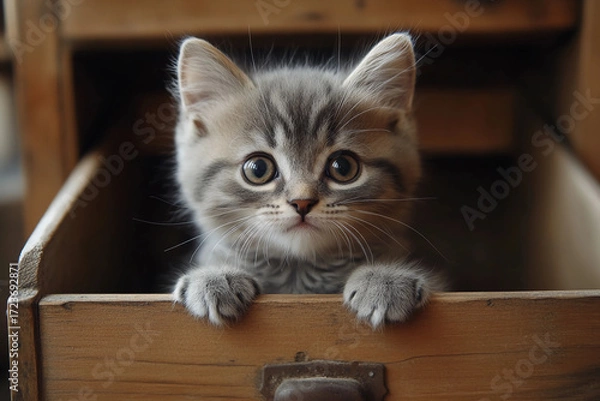 Fototapeta Adorable small fluffy kitten with a mischievous human-like smirk peeking curiously from inside a cozy wooden drawer, playful and cute
