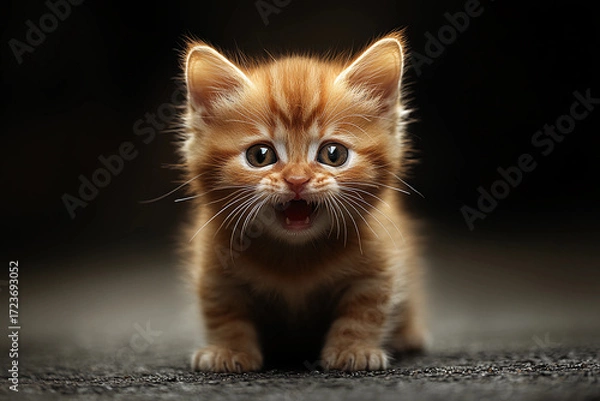 Fototapeta Fierce small orange kitten with ruffled fur, wide glaring eyes, and slightly open mouth showing intense playful aggression and curiosity