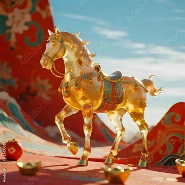 Obraz 金の馬の彫刻の赤い背景と中国の富の象徴