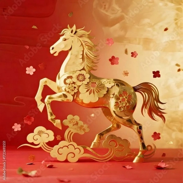 Obraz 黄金の馬の飾りと赤い花びらのお祝いの背景