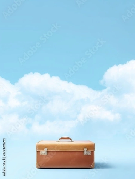 Fototapeta Vintage suitcase against a bright sky with fluffy clouds suggests travel, adventure, and exploration.