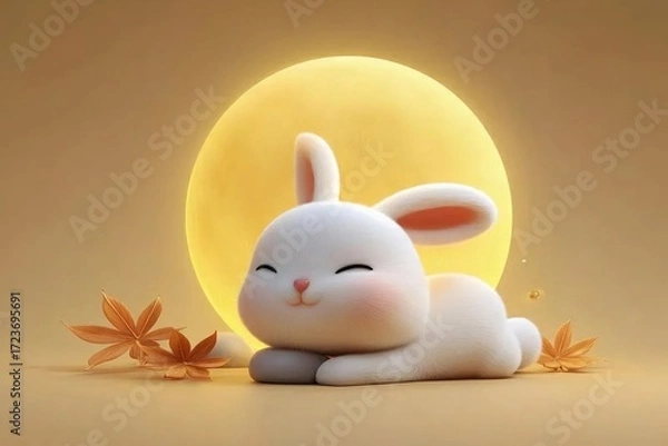 Obraz 黄色い月の背景に白いウサギの漫画のイラスト