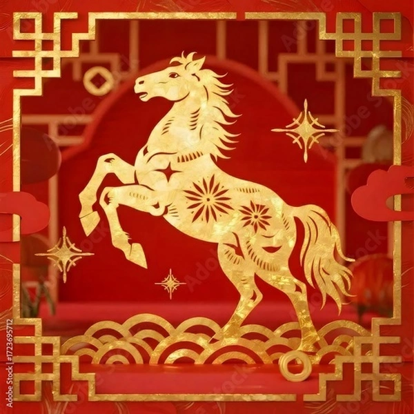Obraz 赤い背景の上の金の馬の装飾的な中国のモチーフ