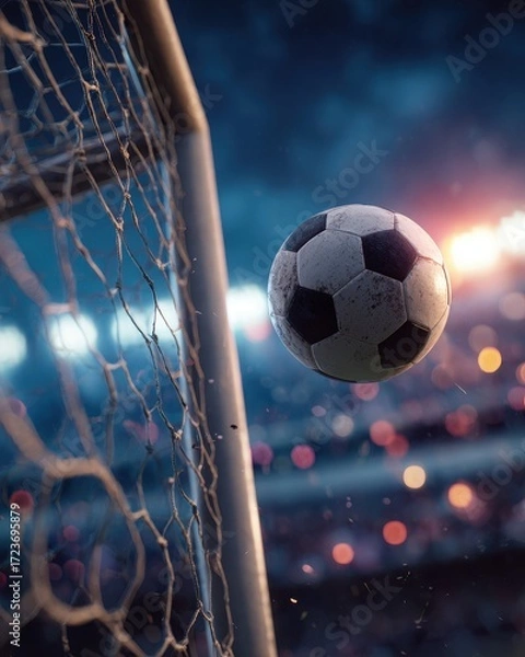Obraz Dramatic Night Soccer Goal - Close-Up of Ball Entering Net.
