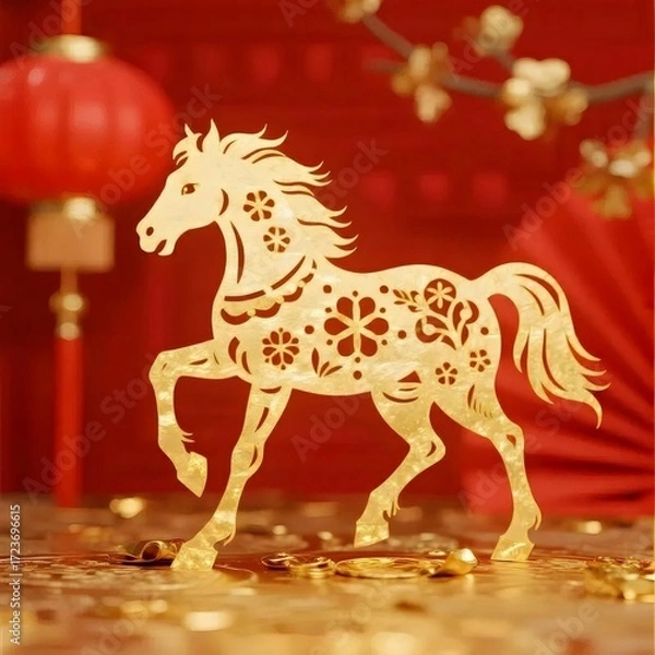 Obraz 金色馬の切り絵と赤い背景のお祝い飾り