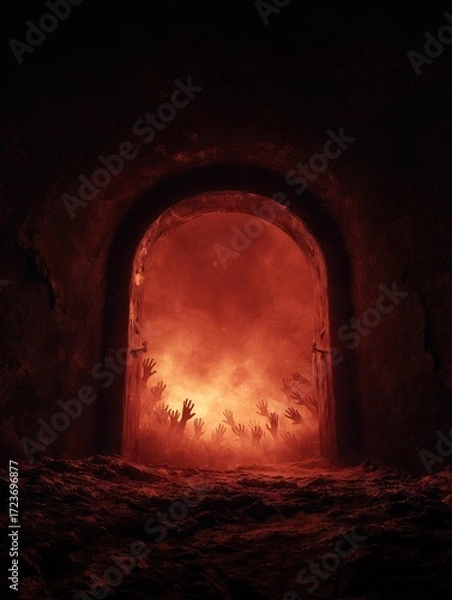 Fototapeta Terrifying scene with multitude of hands reaching out from a glowing, smoky portal, set in stone.