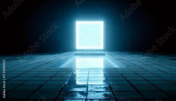 Obraz 青色に光る抽象的なポータルと反射のある床