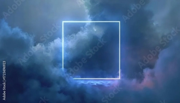 Obraz 青い雲と光る正方形のネオンの抽象的な背景