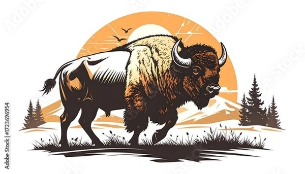 Obraz Bison in a sunset landscape
